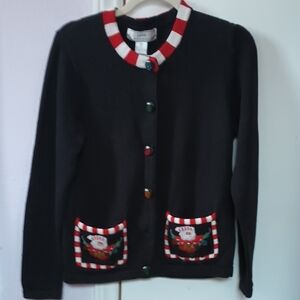 Lisa International Black Cardigan with Red and White Accents